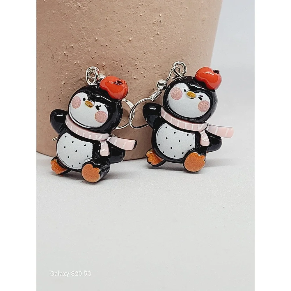 Penguin with Red Beret and‎ Scarf Winter Drop Earrings Silver Tone Hooks NEW